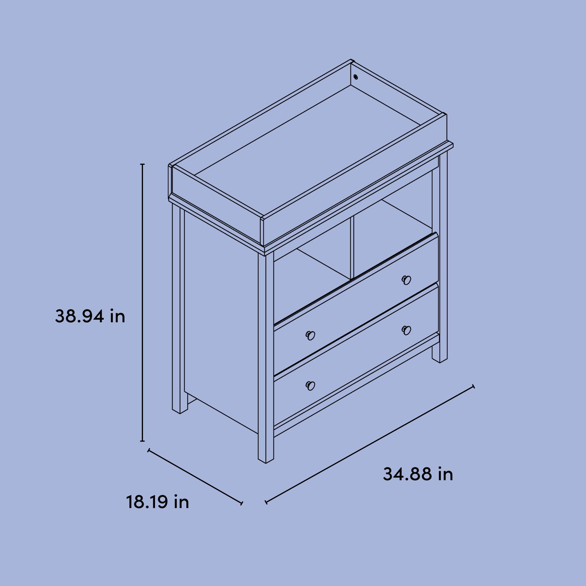 Alpine 2 drawer changing chest drawing with dimensions