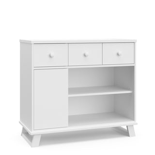 Front view of a changing table in white finish, showcasing two drawers and the changing topper removed for versatile use
