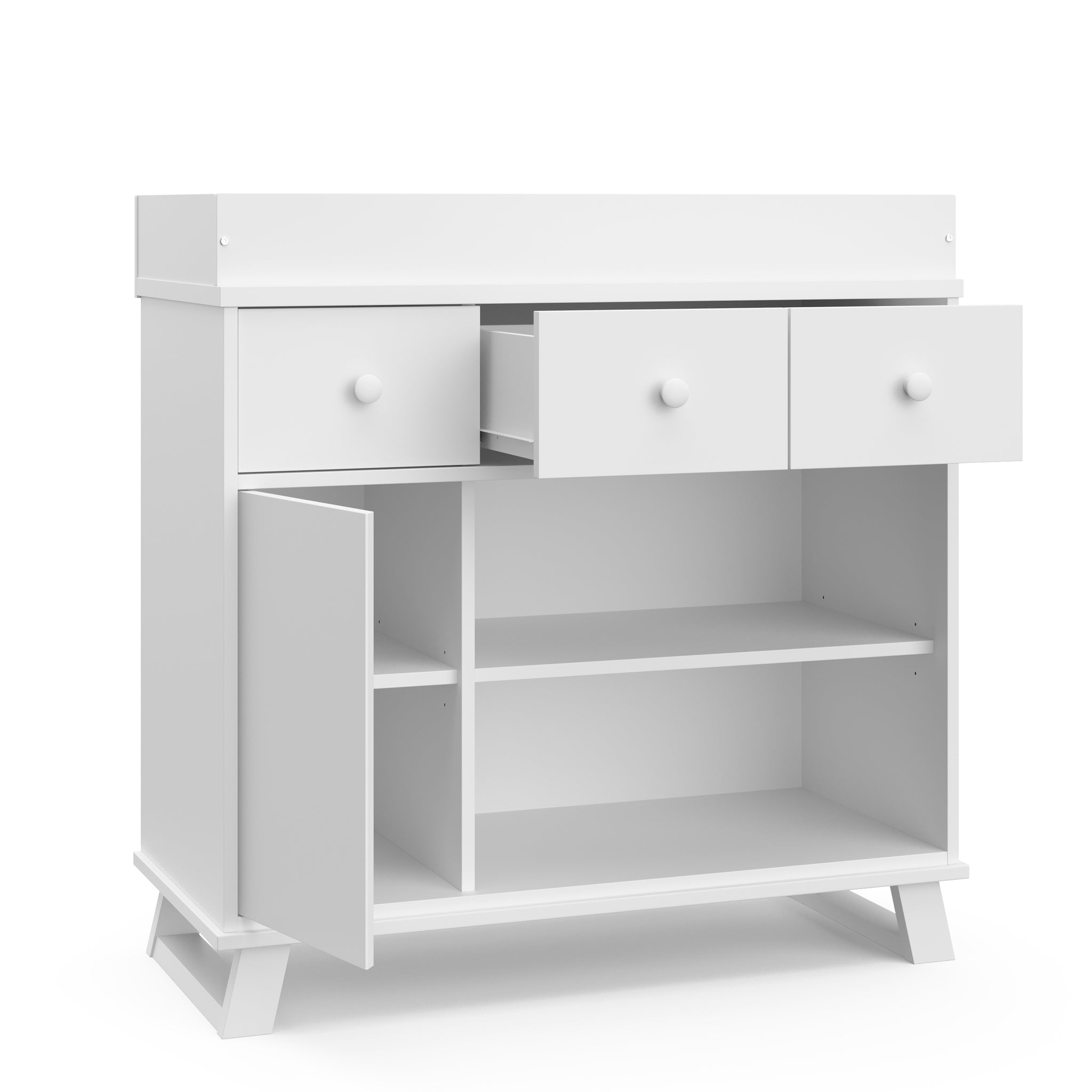 White changing table featuring an open drawer and an open door for convenient storage