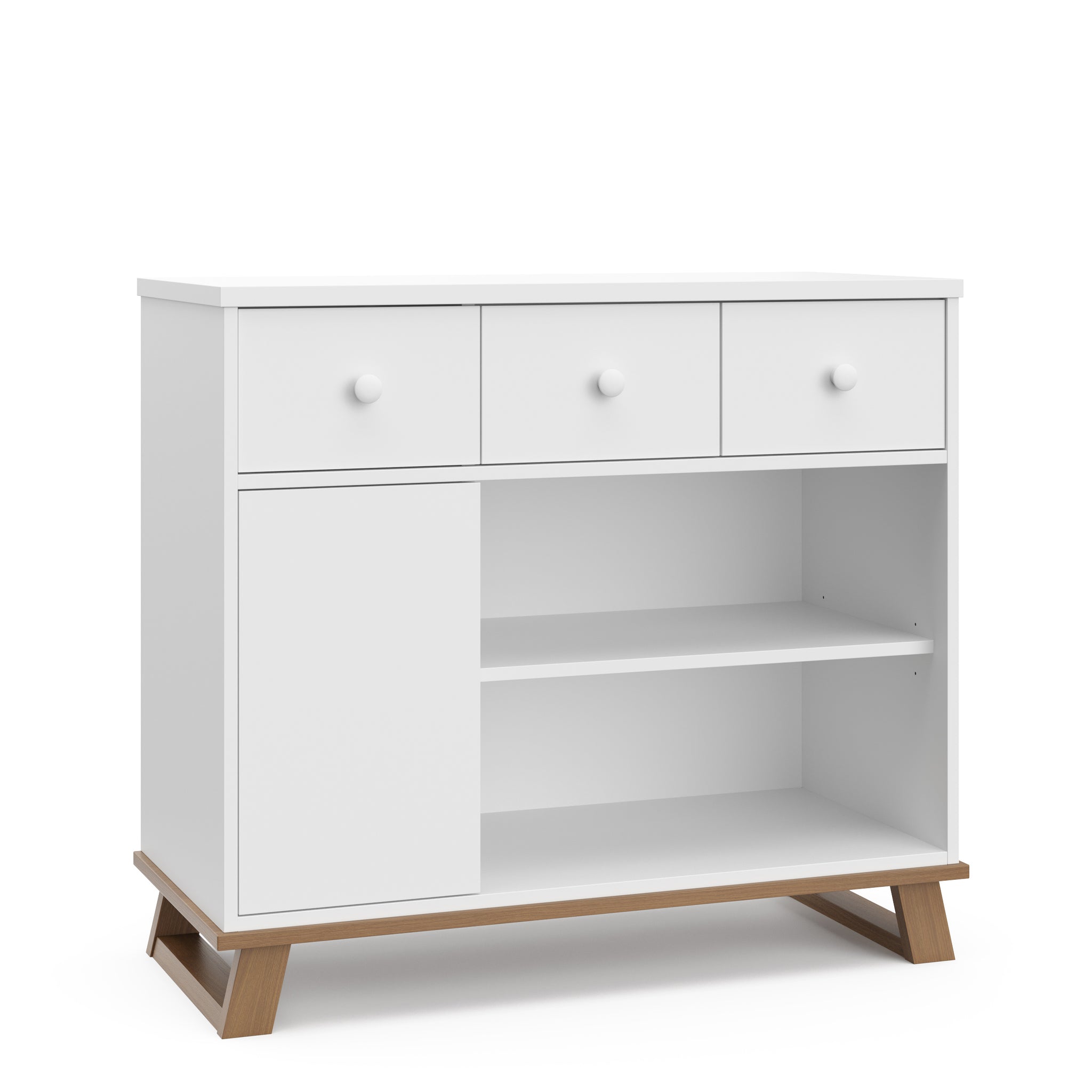 Front view of a changing table in white with a vintage driftwood base, showcasing two drawers and the changing topper removed for versatile use