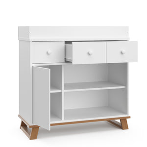 White with vintage driftwood base changing table with open drawer angled view