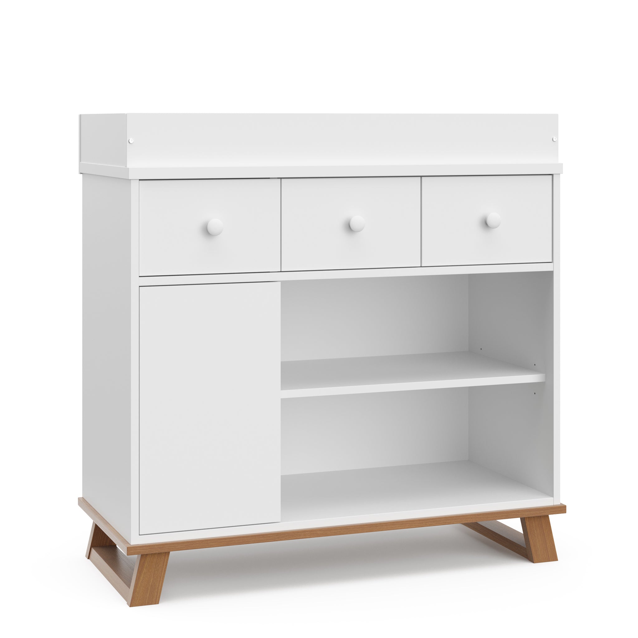 White with vintage driftwood base changing table with 2 drawers angled view