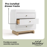 Santorini white with driftwood 3 drawer chest with changing topper pre-installed drawer tracks callout