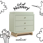 Santorini sage with driftwood 3 drawer chest with changing topper with black doodles overlaid on image
