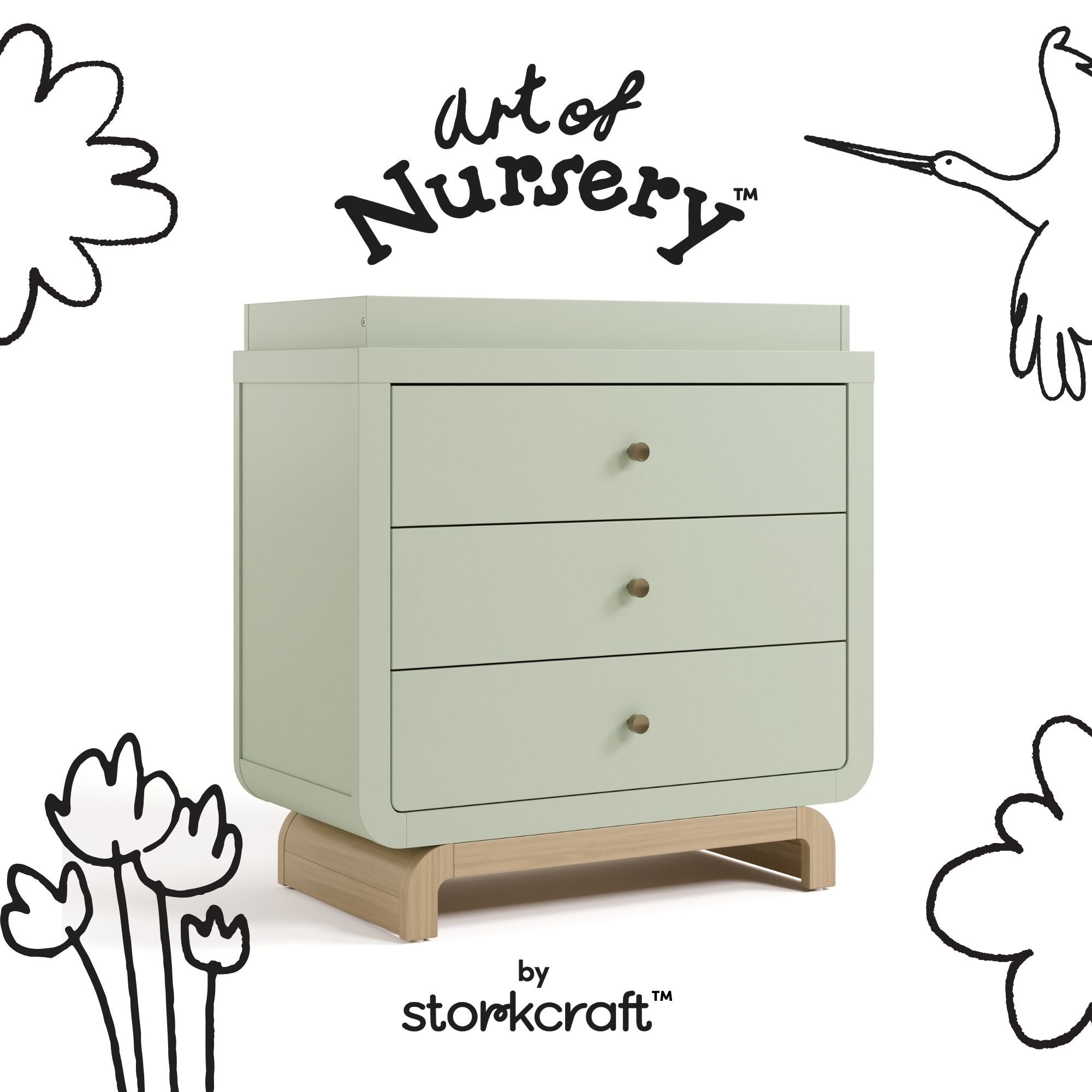 Santorini sage with driftwood 3 drawer chest with changing topper with black doodles overlaid on image