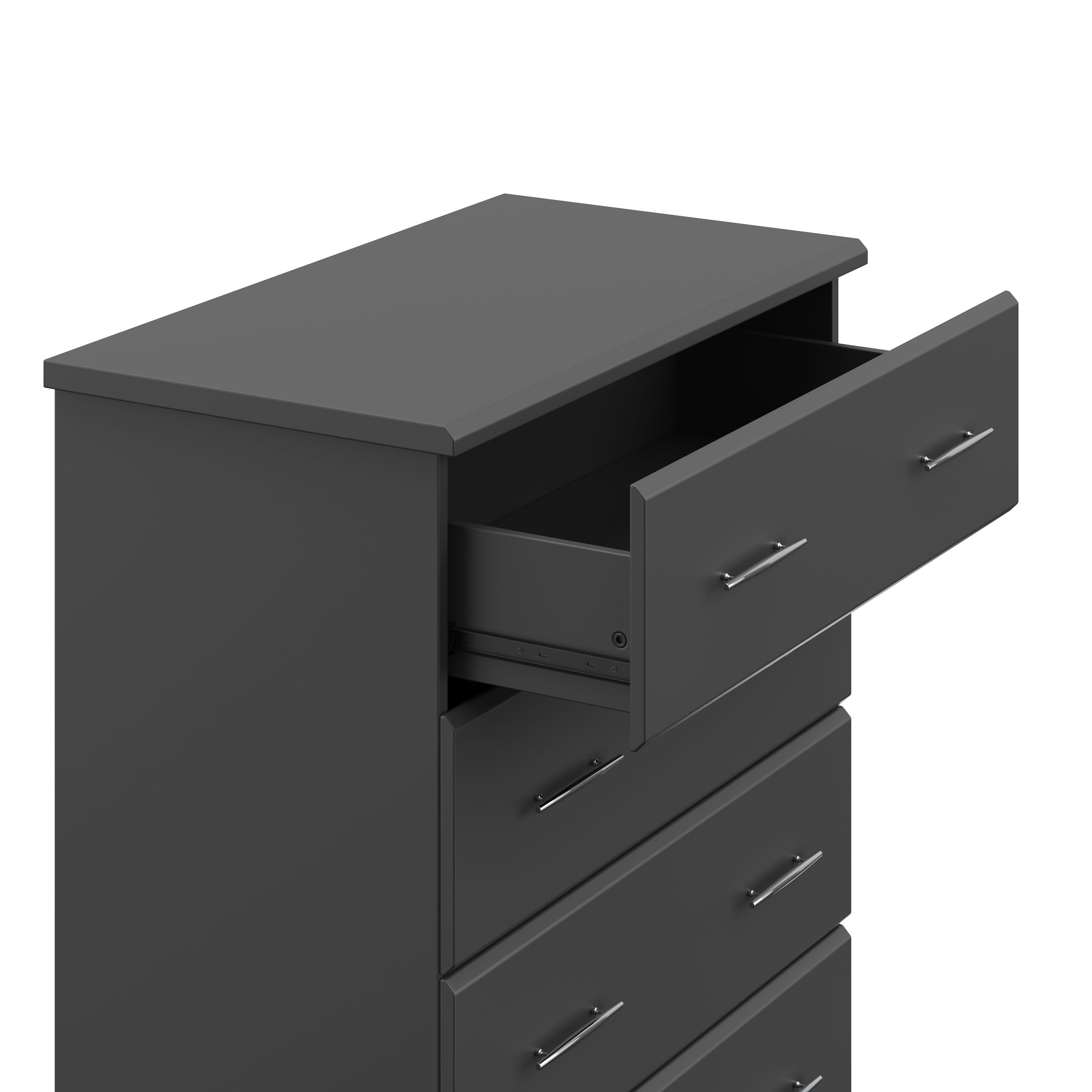 brookside 4 drawer gray dresser angled side view with top drawer open