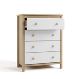 alpine driftwood with white 4 drawer dresser angle view with top drawer open