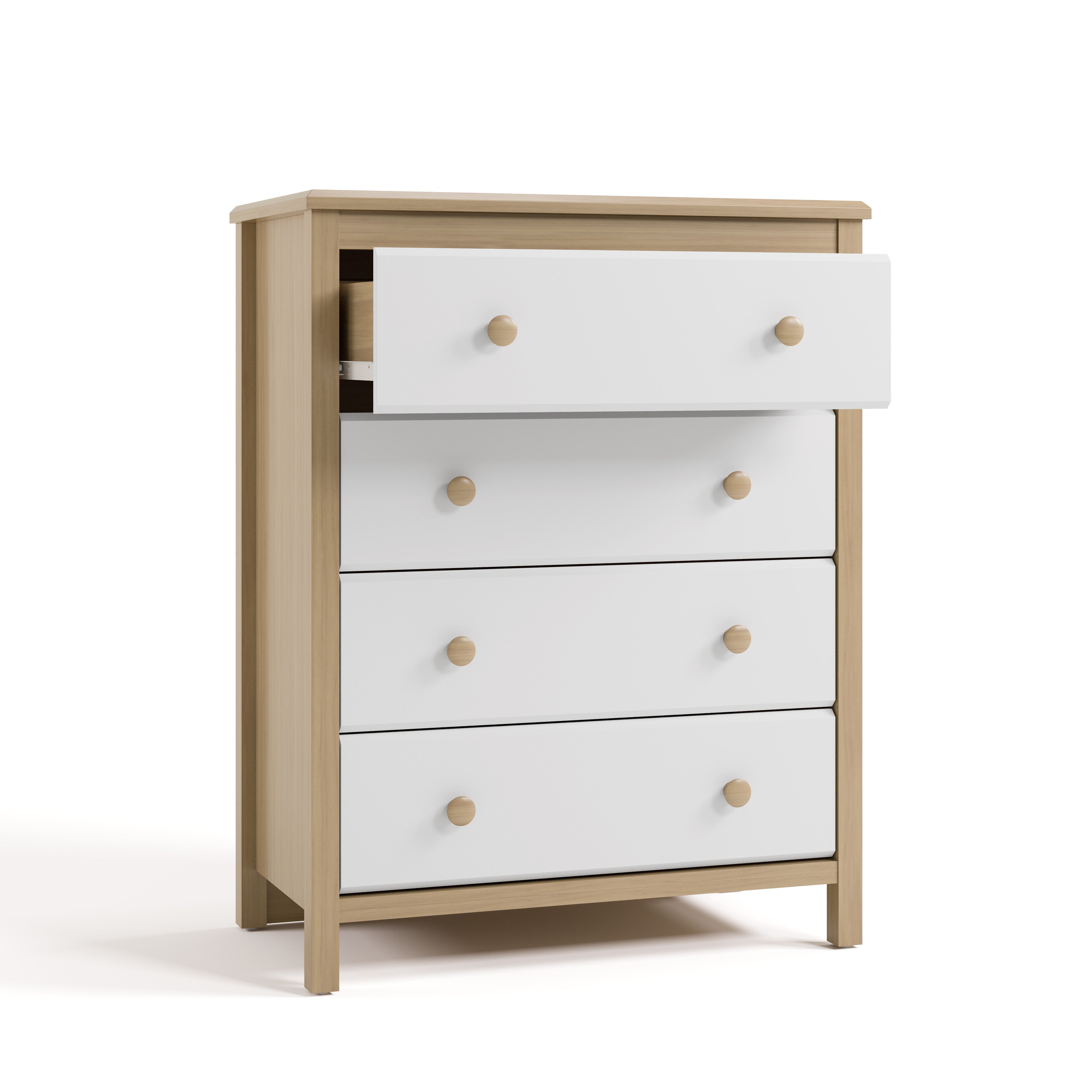 alpine driftwood with white 4 drawer dresser angle view with top drawer open