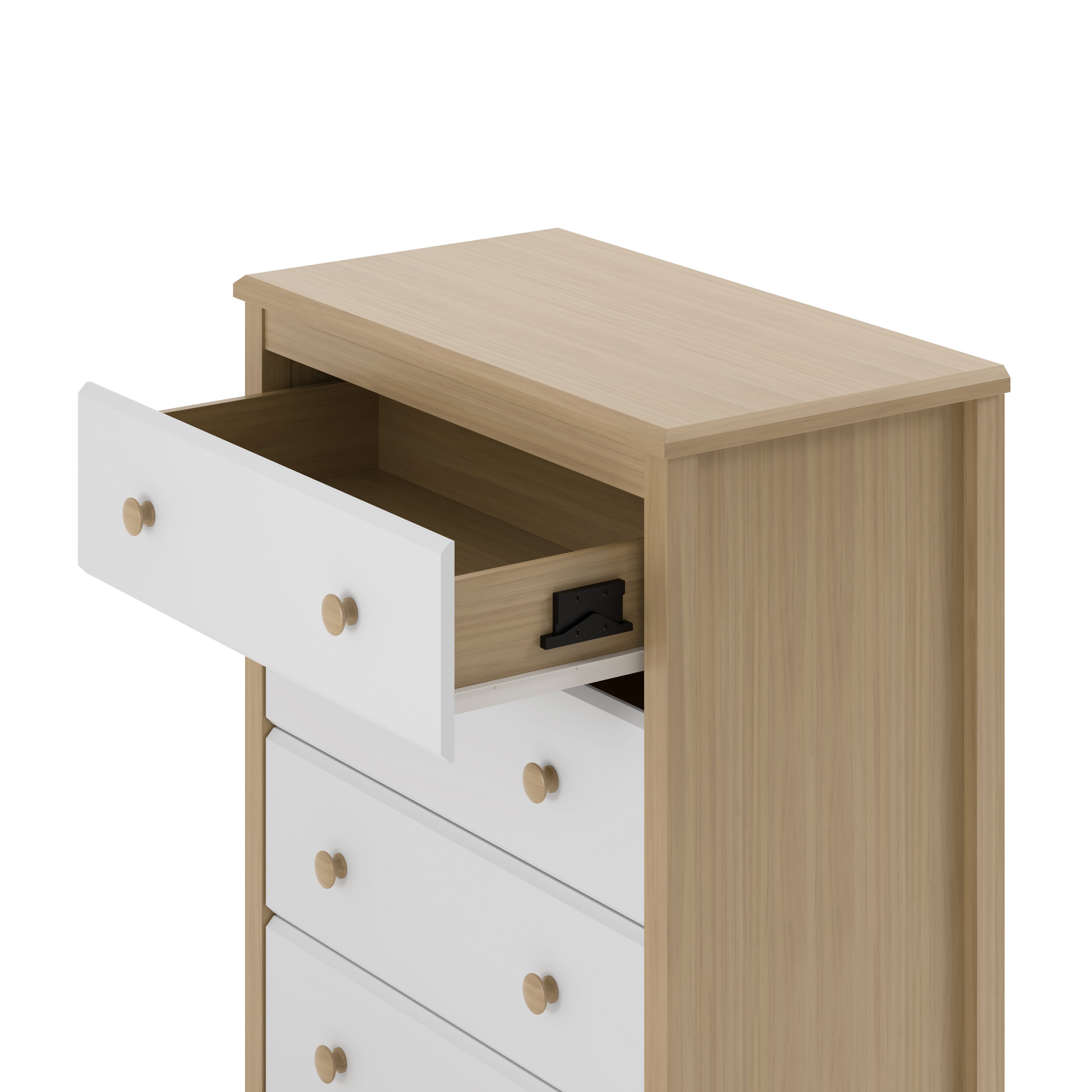 alpine driftwood with white 4 drawer dresser close up of top drawer open showing interlocking drawer mechanism