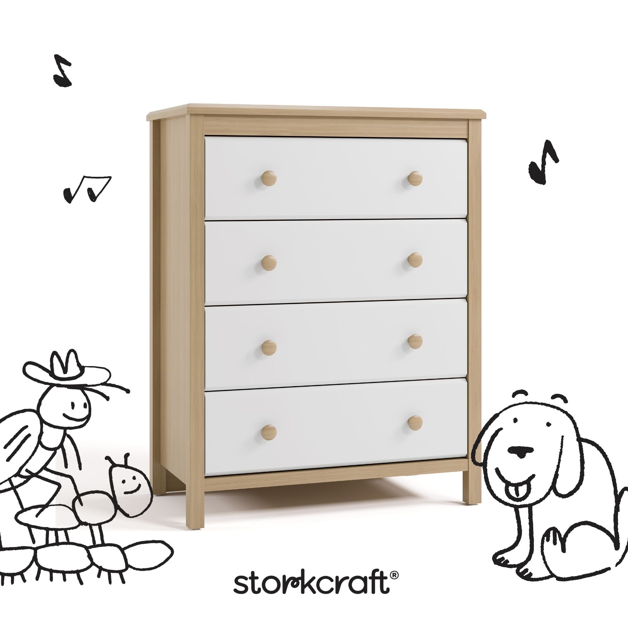 alpine driftwood with white 4 drawer dresser with black drawings overlaid on image