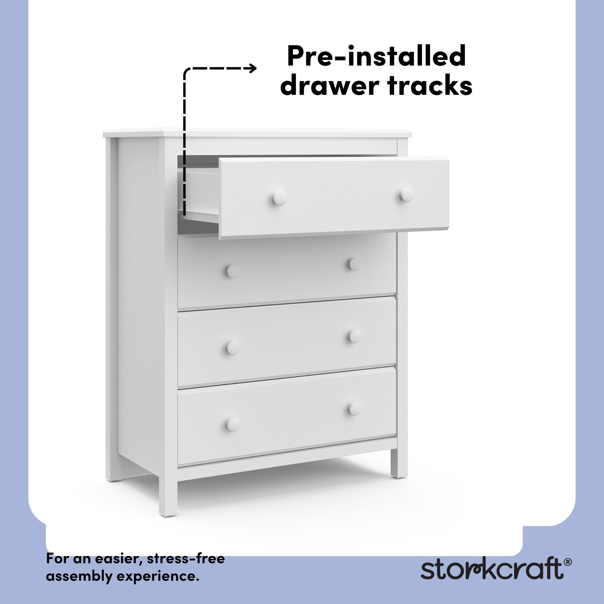 alpine white 4 drawer dresser pre-installed drawer tracks callout