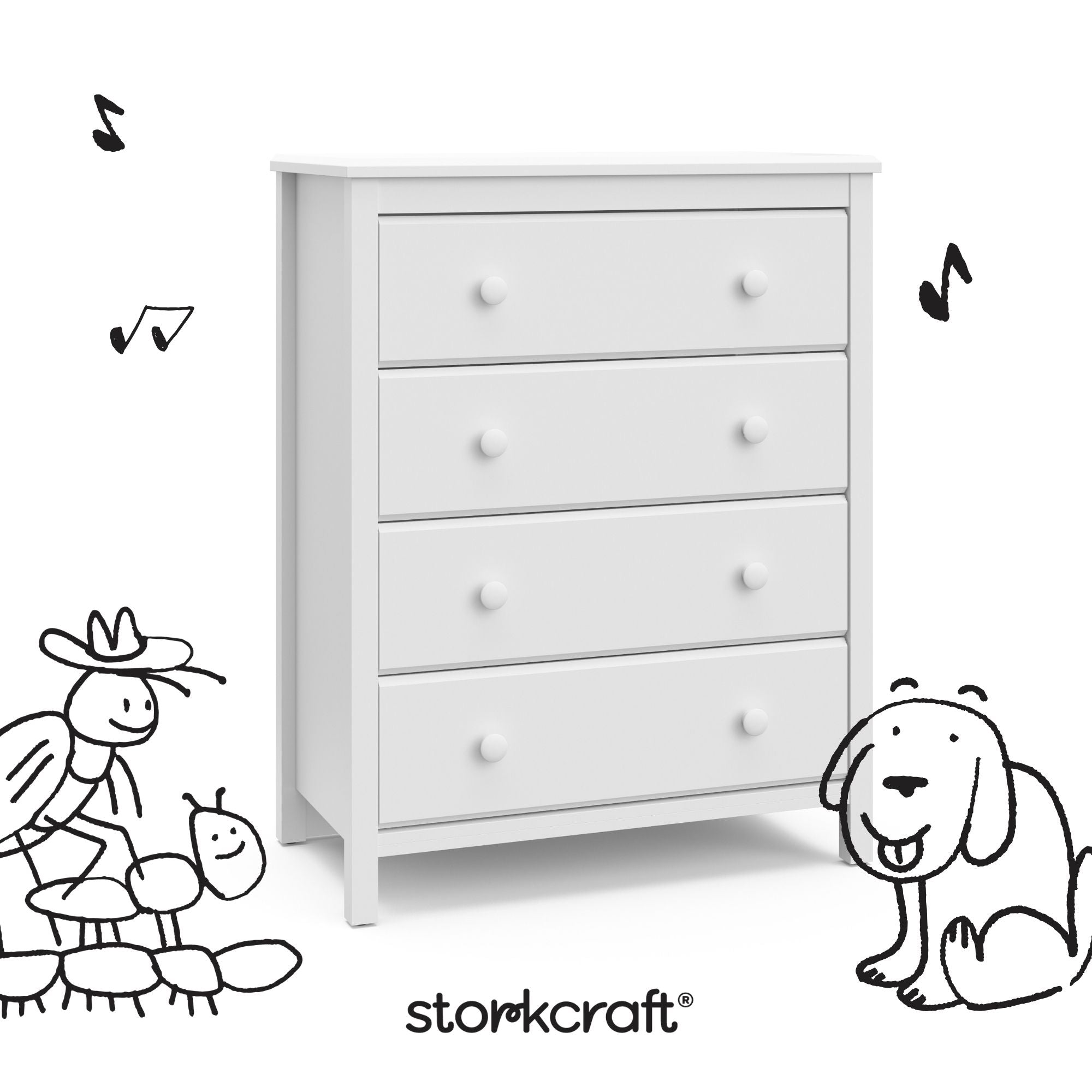 alpine white 4 drawer dresser with black drawings overlaid on image