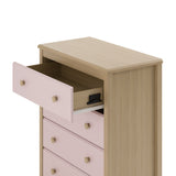 alpine driftwood with blush 4 drawer dresser close up of top drawer open showing interlocking drawer mechanism
