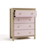alpine driftwood with blush 4 drawer dresser angle view with top drawer open