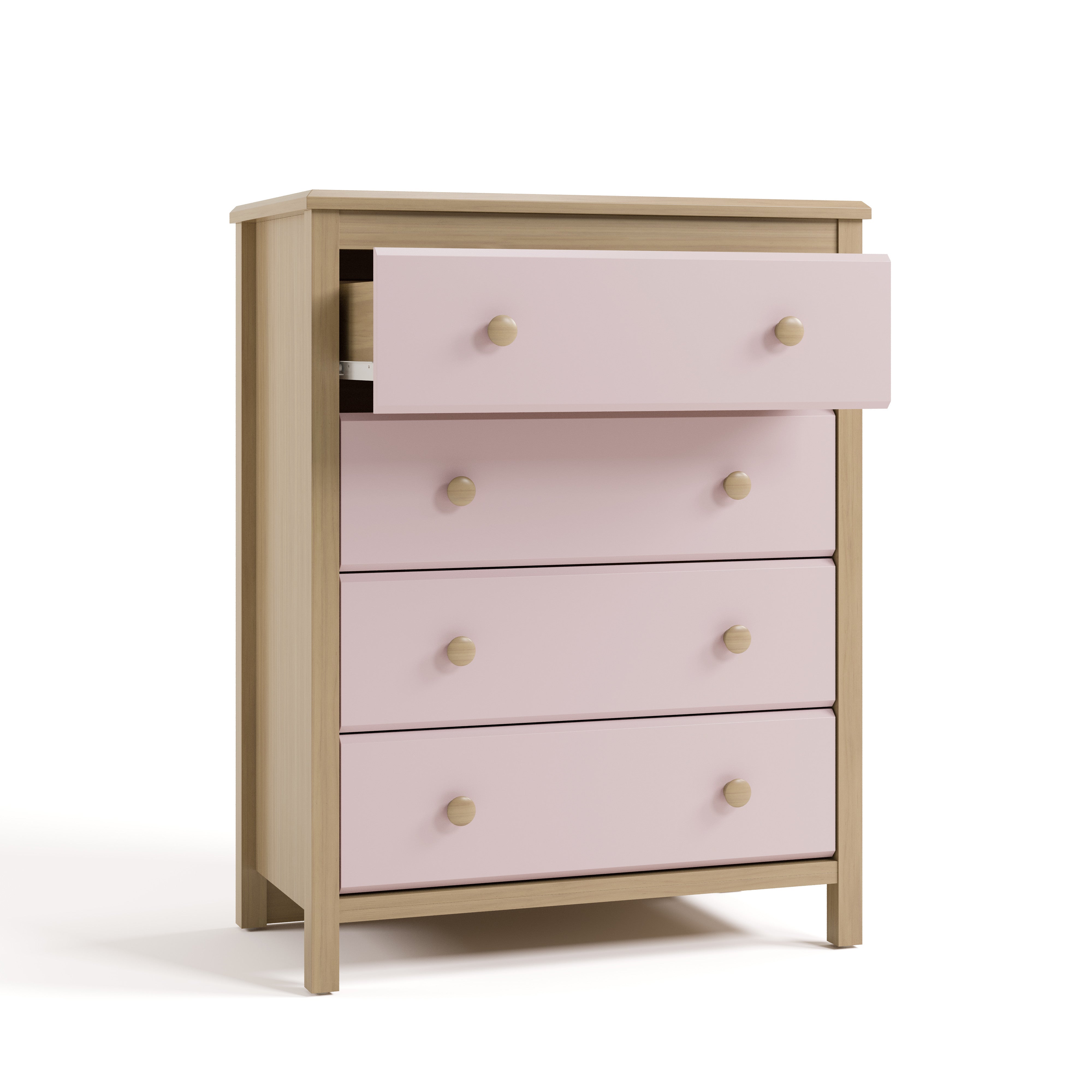 alpine driftwood with blush 4 drawer dresser angle view with top drawer open