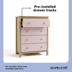 alpine driftwood with blush 4 drawer dresser pre-installed drawer tracks callout