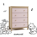 alpine driftwood with blush 4 drawer dresser with black drawings overlaid on image