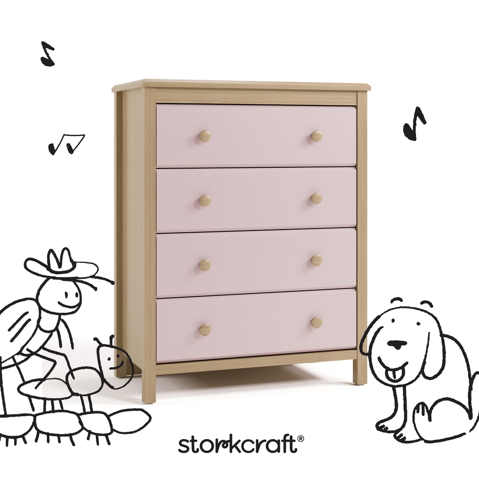 alpine driftwood with blush 4 drawer dresser with black drawings overlaid on image