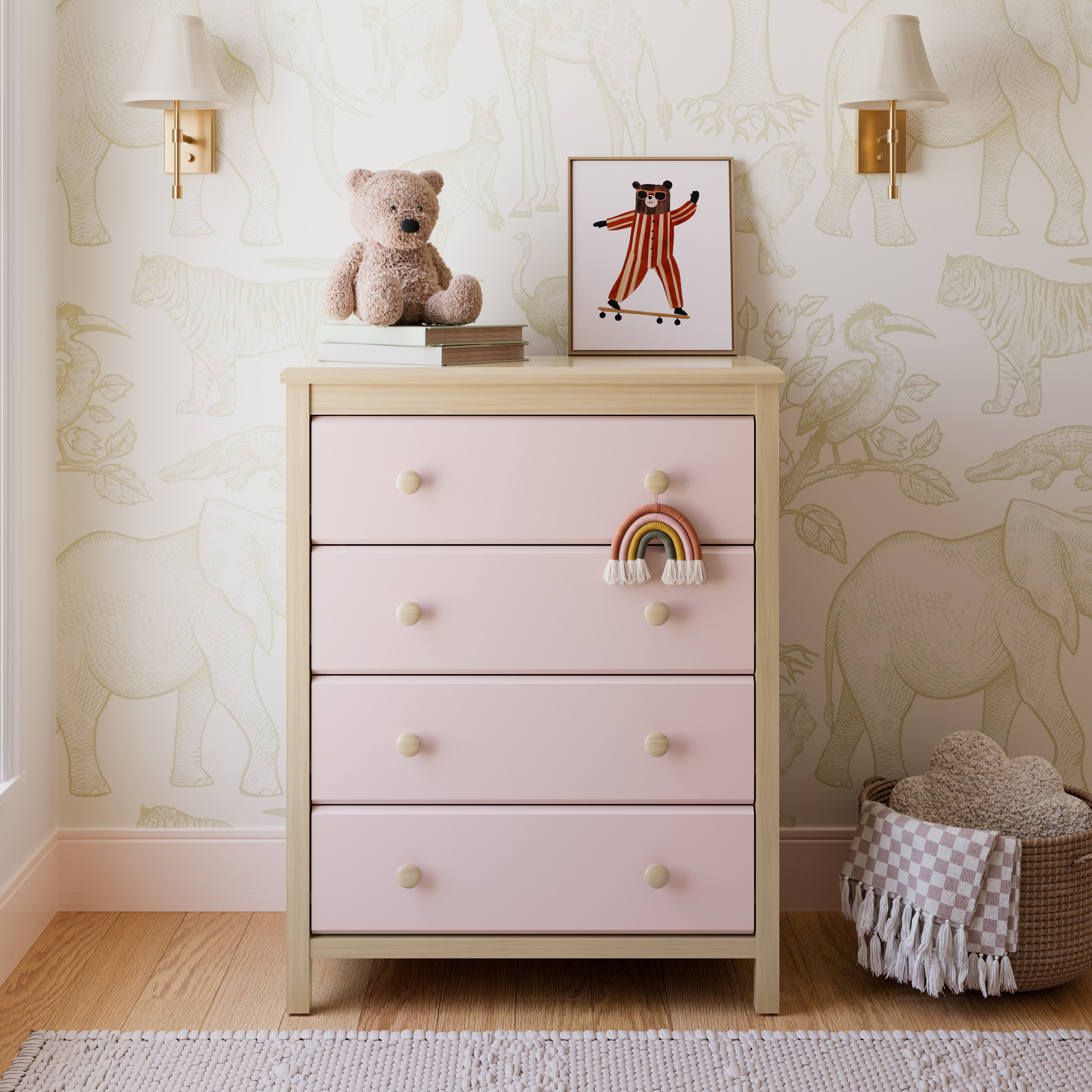 alpine driftwood with blush 4 drawer dresser in nursery
