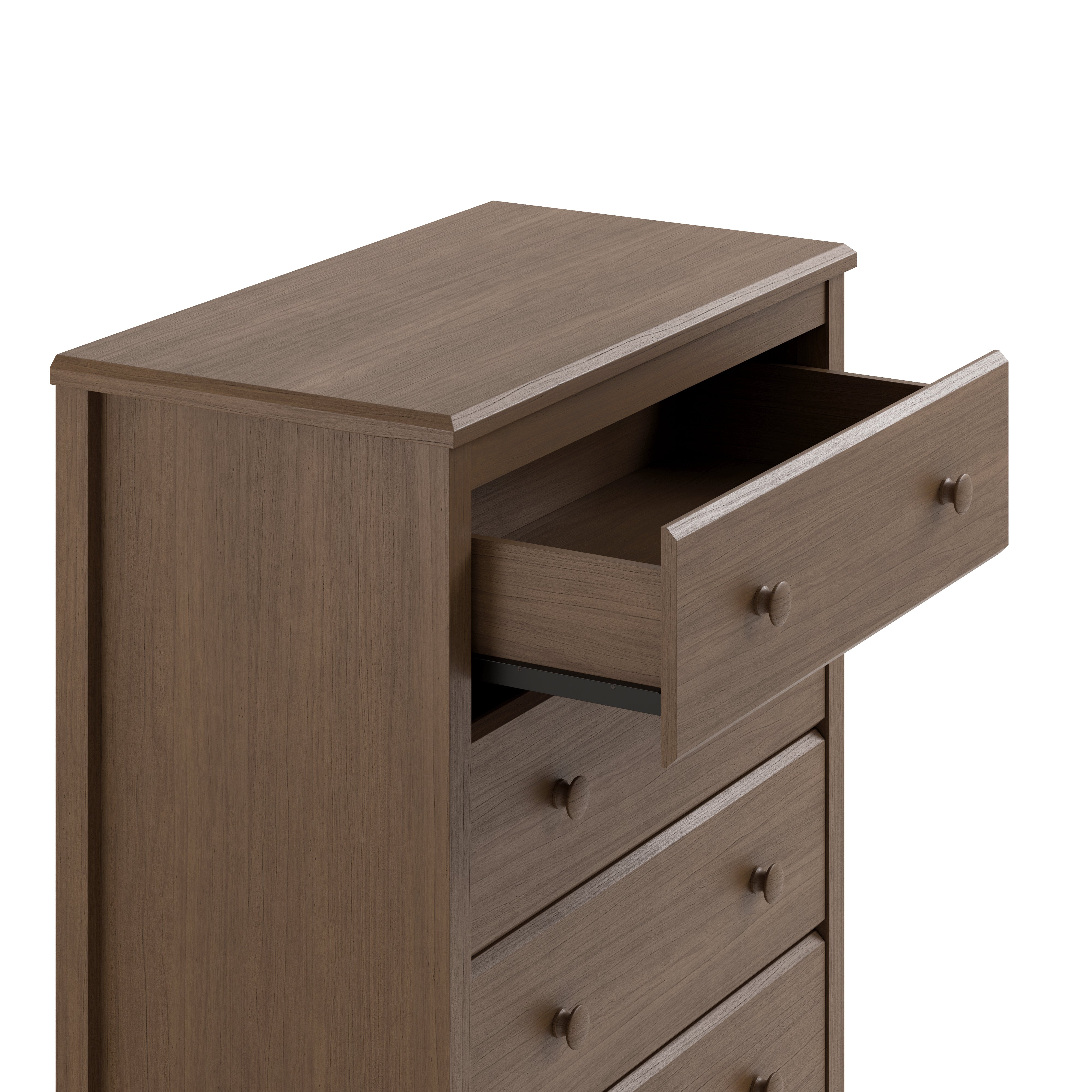 alpine hazelnut 4 drawer dresser with top drawer open closeup