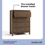 alpine hazelnut 4 drawer dresser pre-installed drawer tracks callout