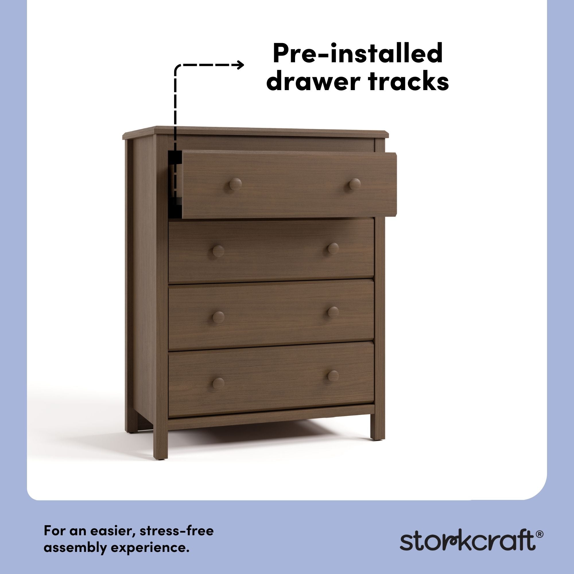 alpine hazelnut 4 drawer dresser pre-installed drawer tracks callout