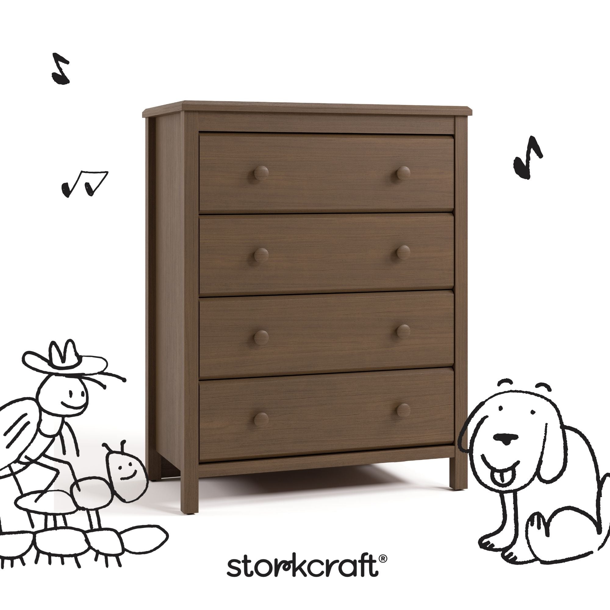 alpine hazelnut 4 drawer dresser with black drawings overlaid on image