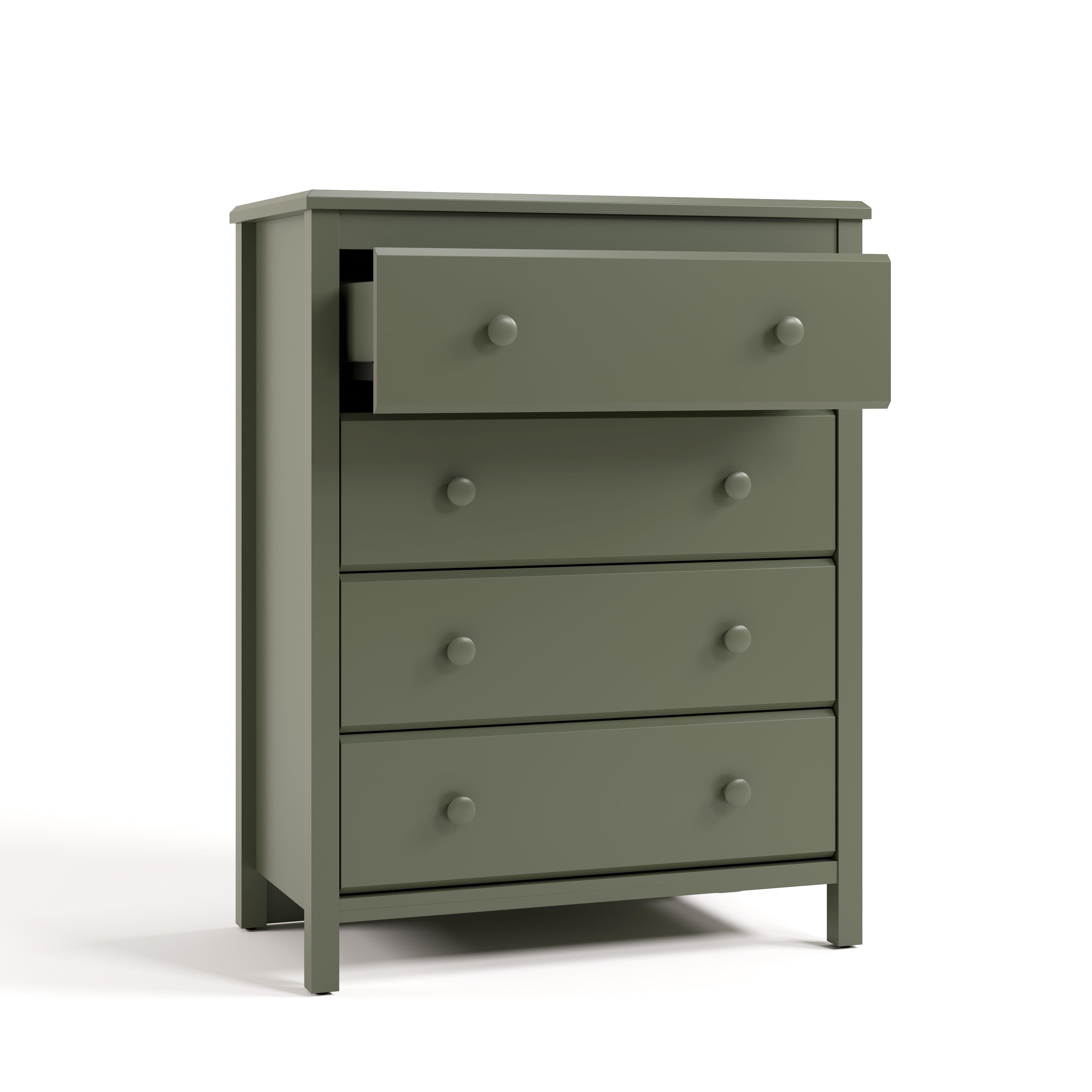 alpine olive 4 drawer dresser with top drawer open angle view