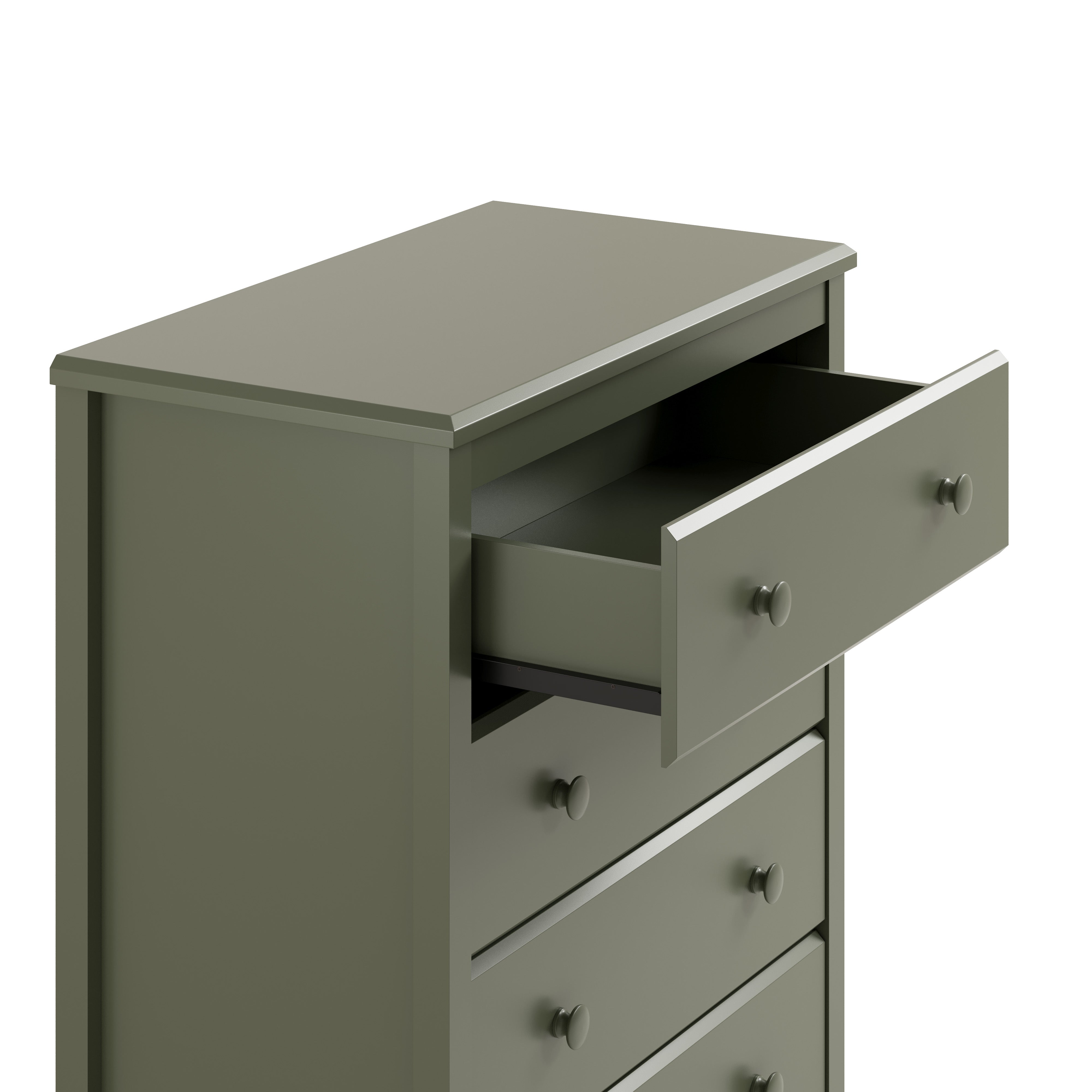 alpine olive 4 drawer dresser with top drawer open close up angle view