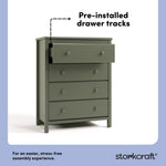 alpine olive 4 drawer dresser pre-installed drawer tracks callout