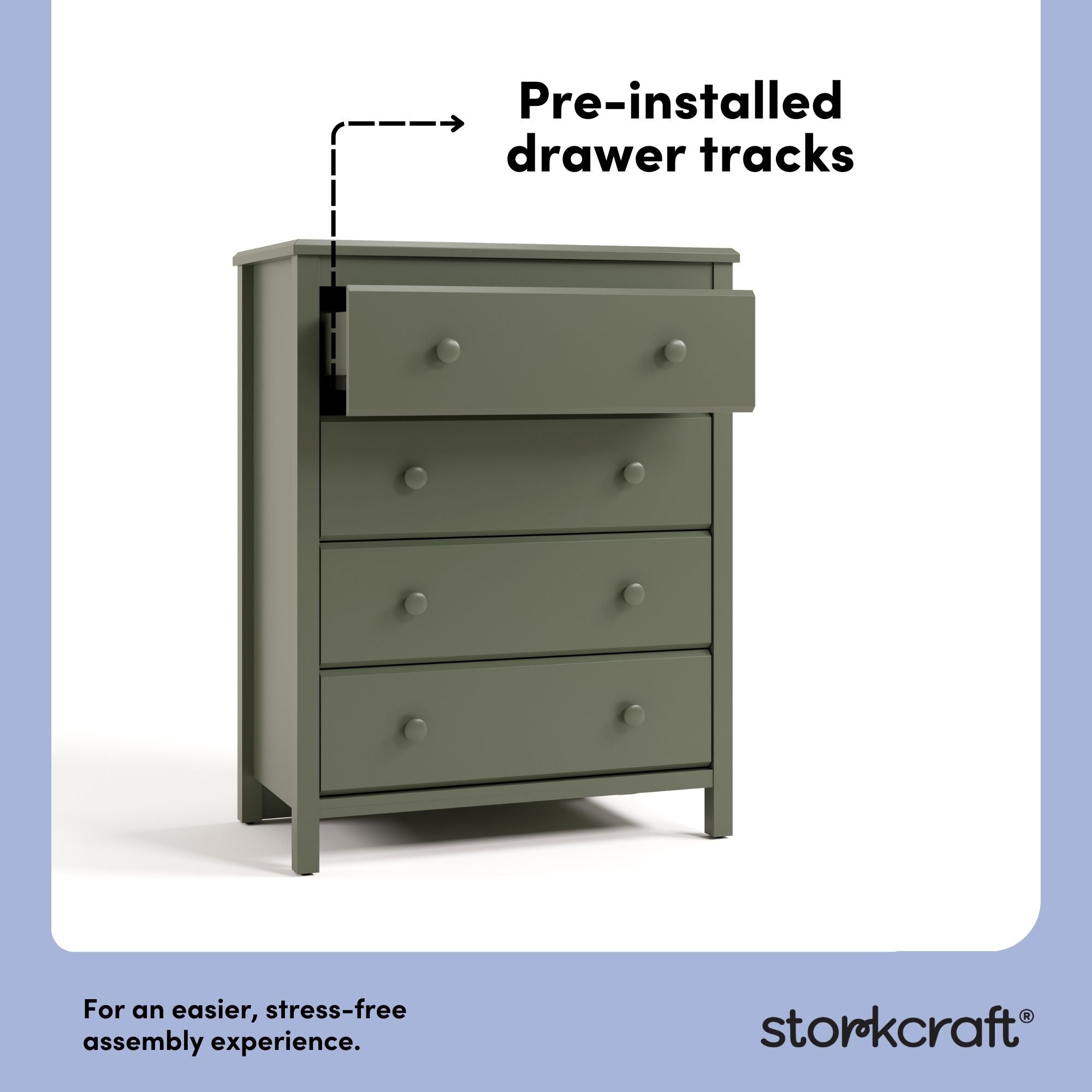 alpine olive 4 drawer dresser pre-installed drawer tracks callout