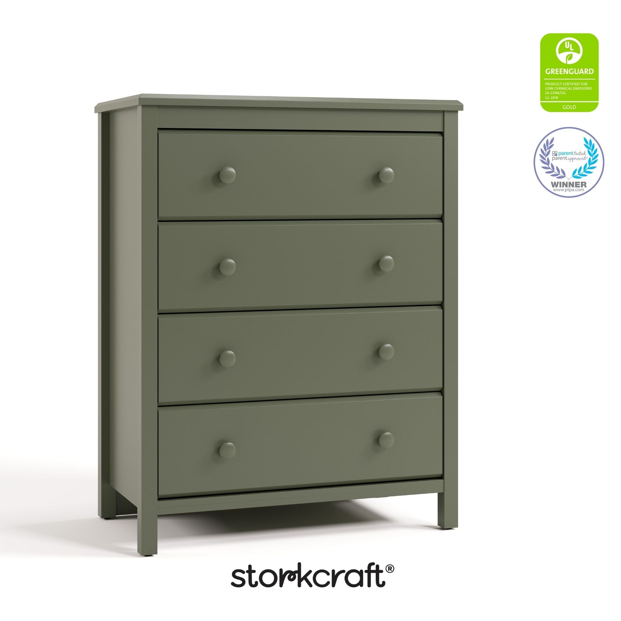 alpine olive 4 drawer dresser with GGG and PTPA logos on top right