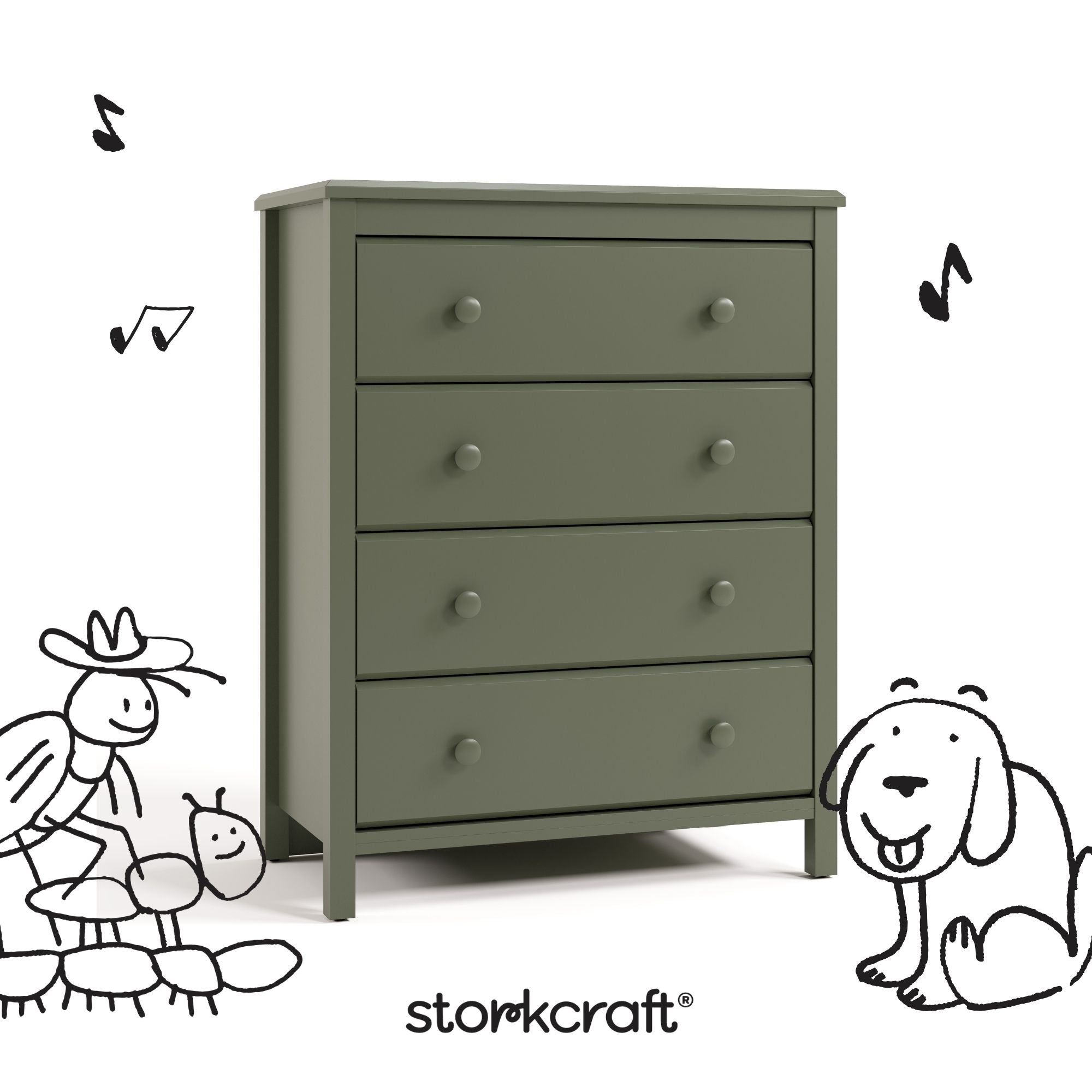 alpine olive 4 drawer dresser with black drawings overlaid on image