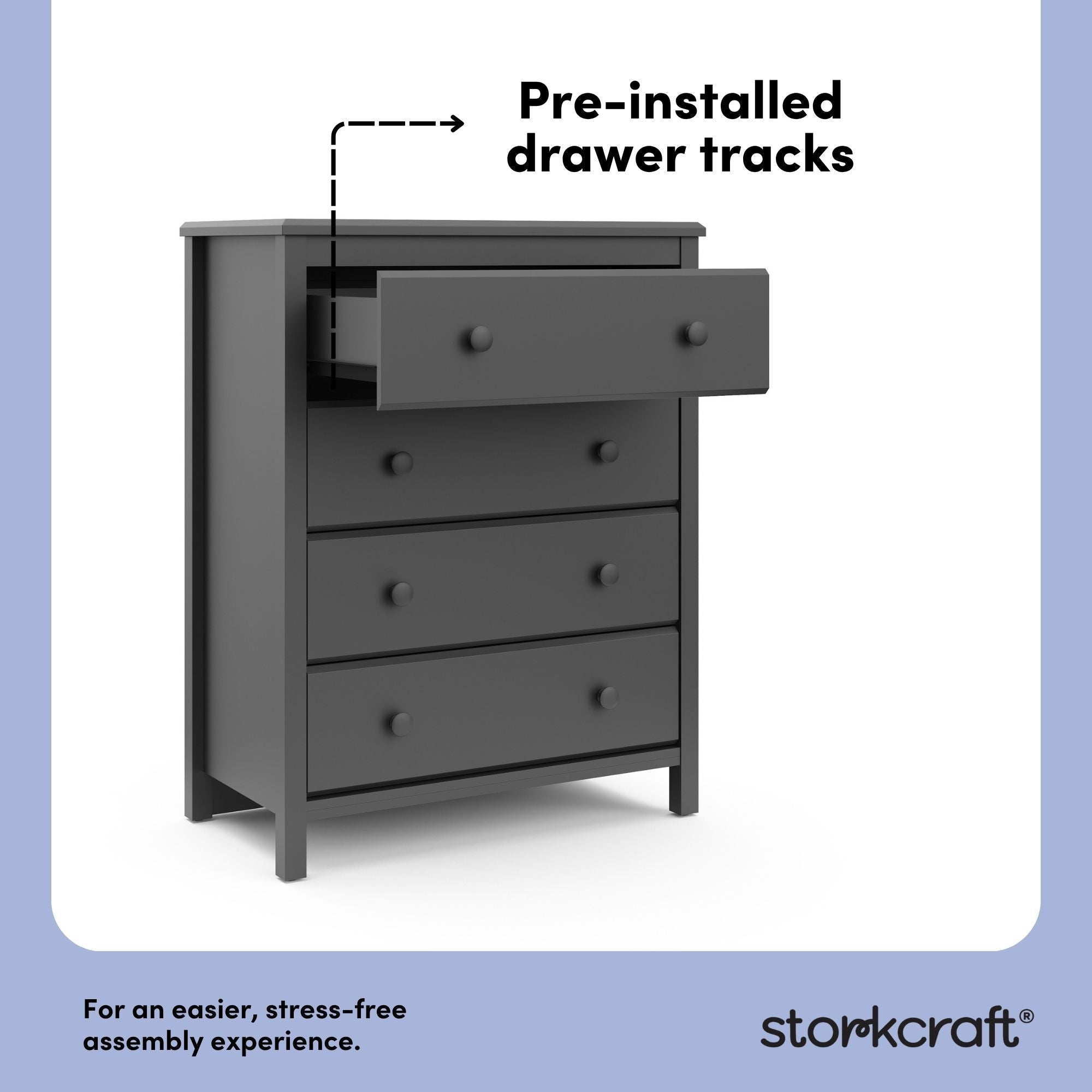 alpine gray 4 drawer dresser pre-installed drawer tracks callout