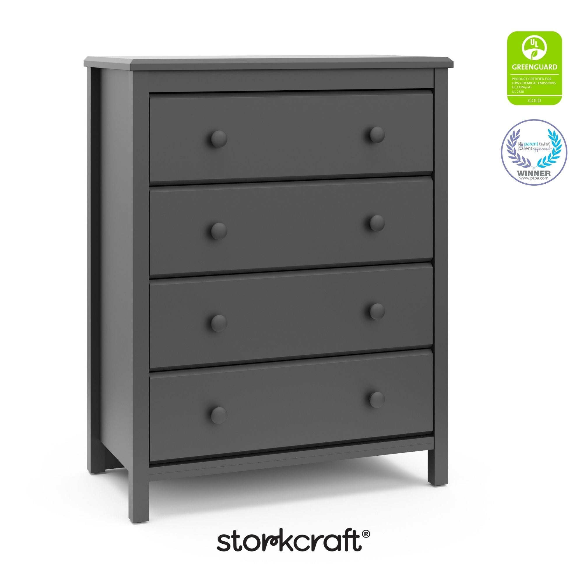 alpine gray 4 drawer dresser with GGG and PTPA logos on top right