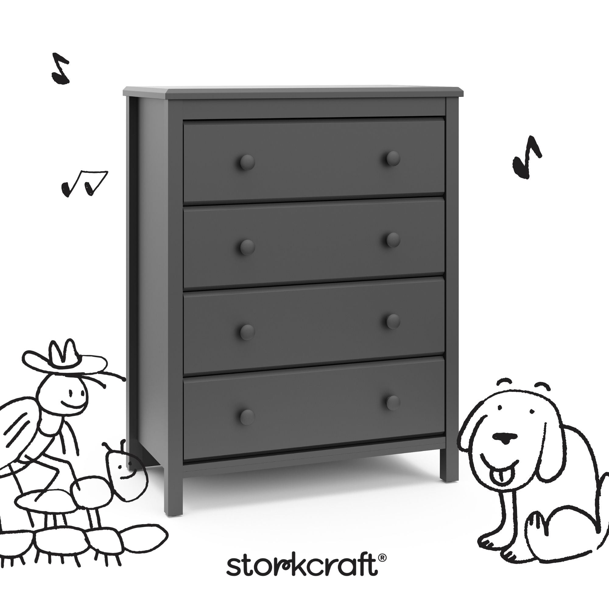 alpine gray 4 drawer dresser with black drawings overlaid on image