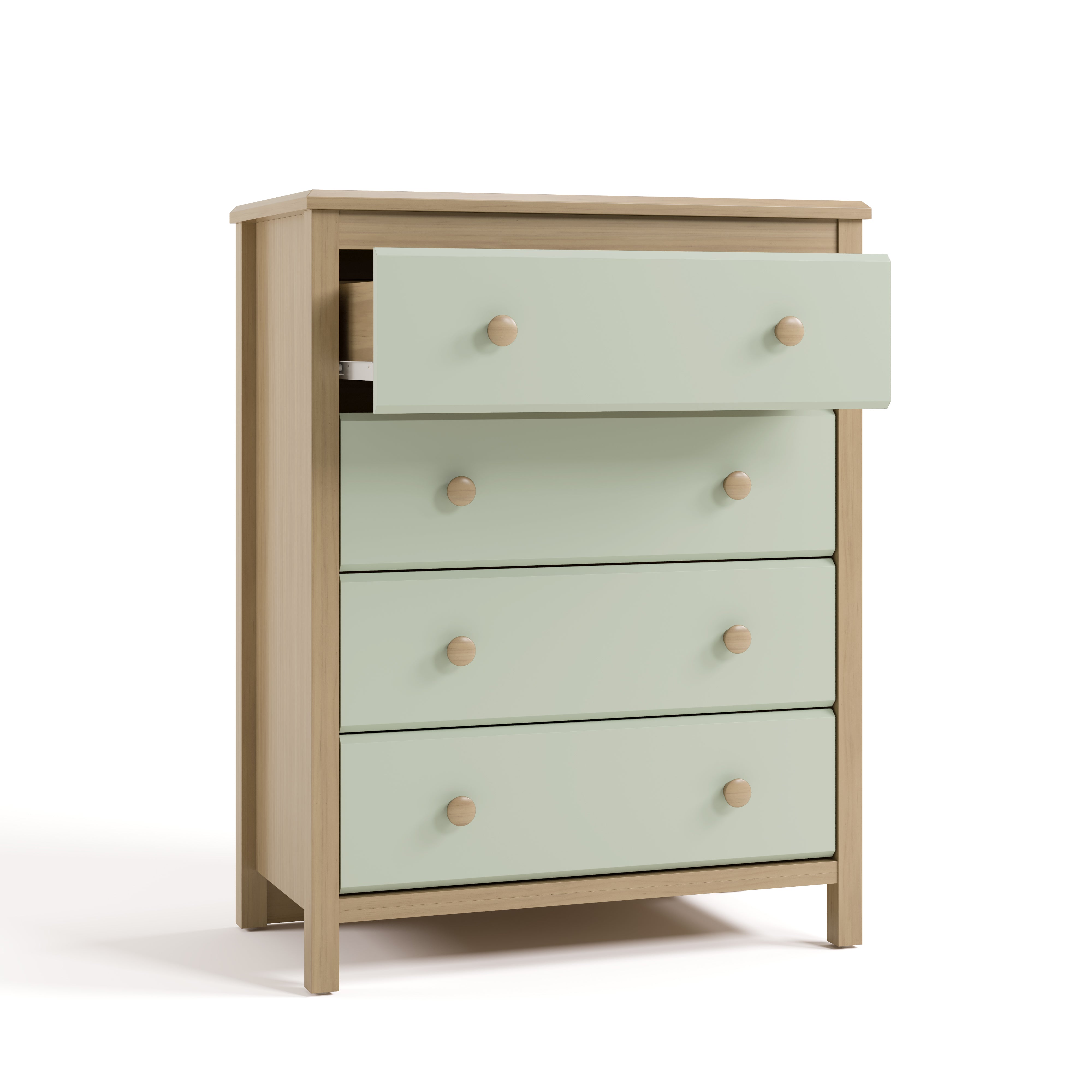 alpine driftwood with sage 4 drawer dresser with top drawer open angle view