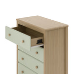 alpine driftwood with sage 4 drawer dresser with top drawer open showing interlocking drawer mechanism