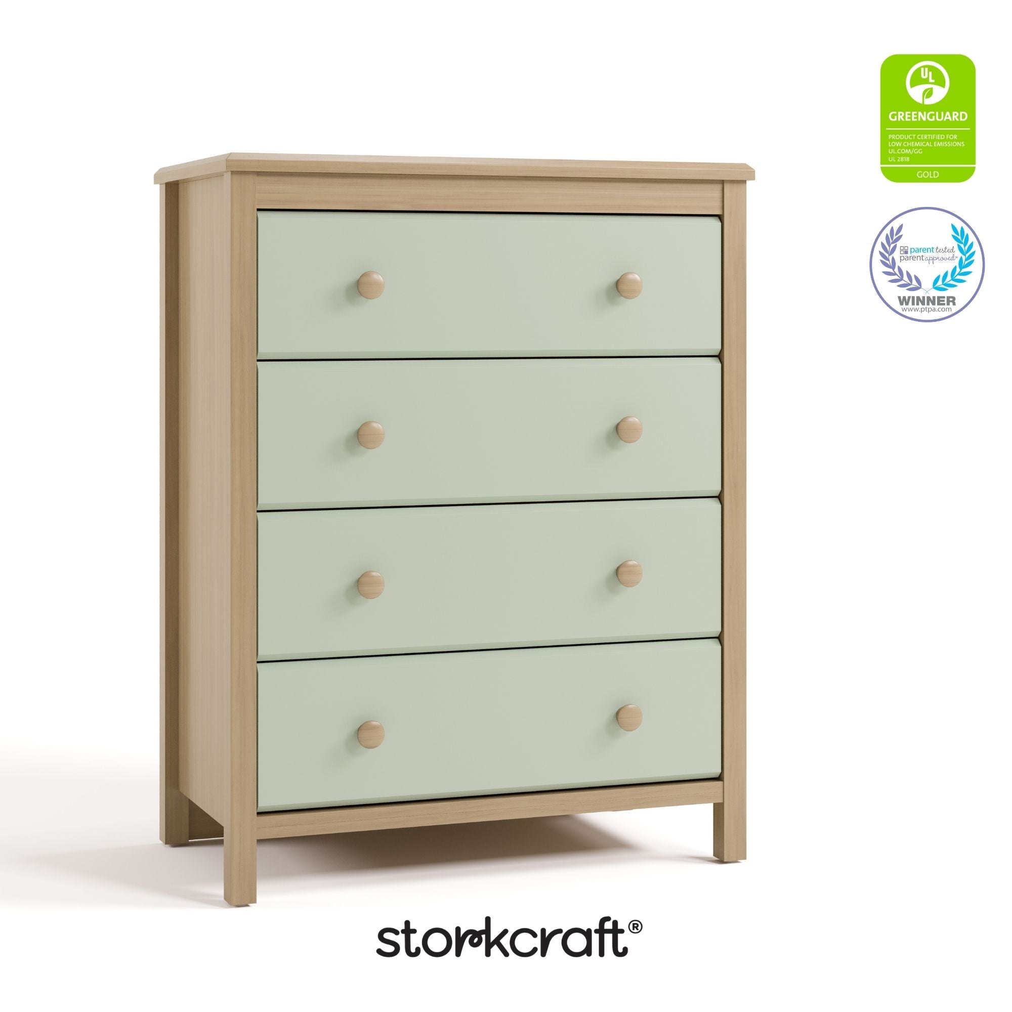 alpine driftwood with sage 4 drawer dresser with GGG and PTPA logos on top right