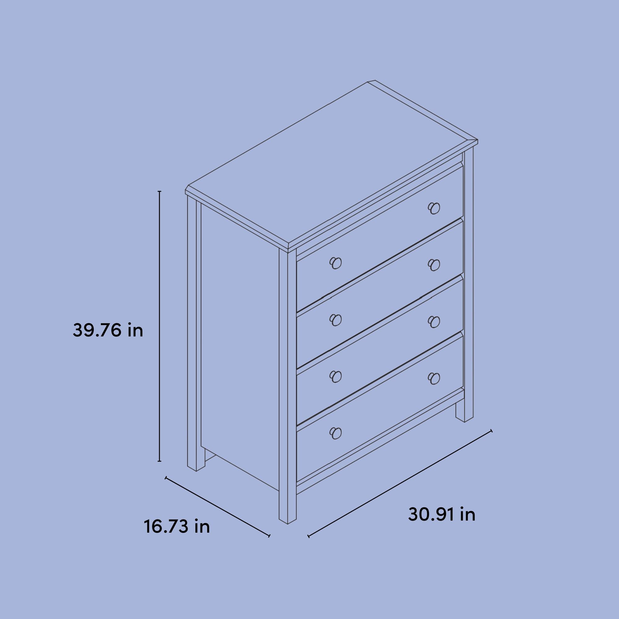 alpine 4 drawer dresser illustration with dimensions