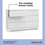 storkcraft brookside white 6 drawer pre-installed drawer tracks callout