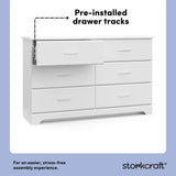storkcraft brookside white 6 drawer pre-installed drawer tracks callout