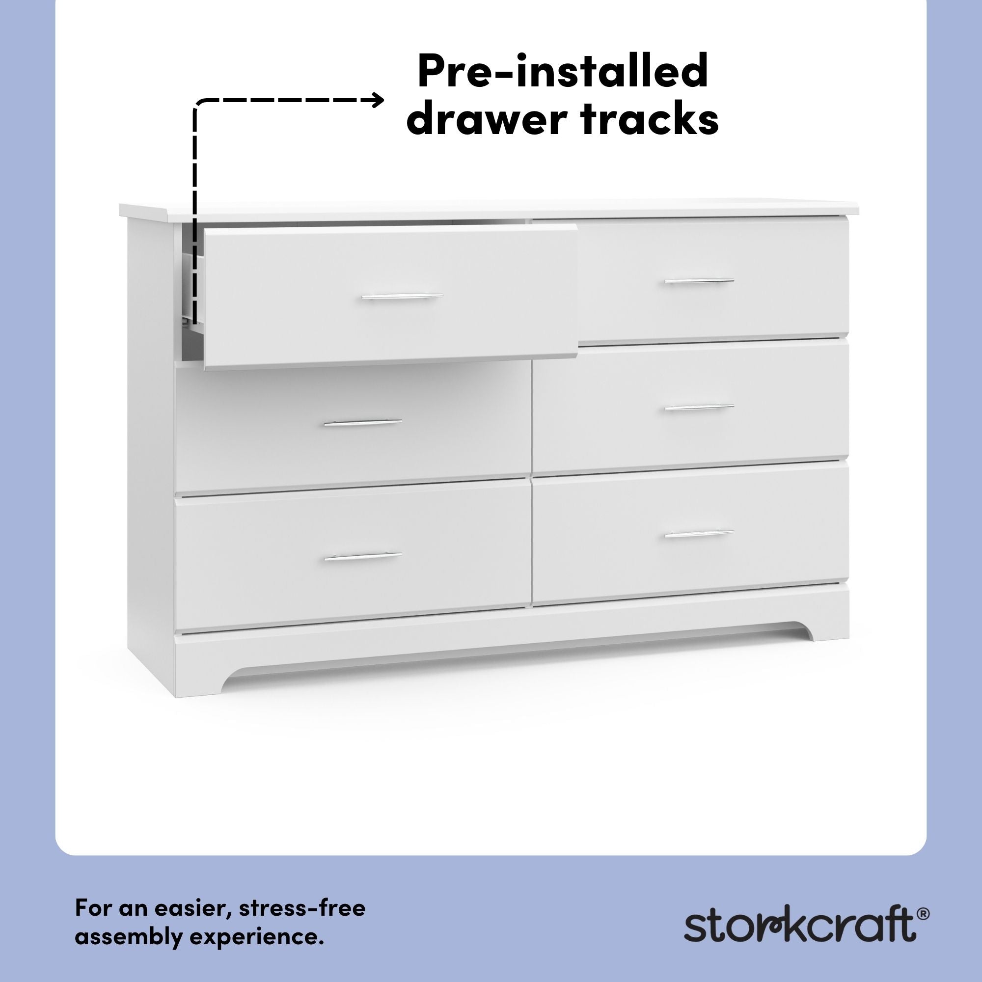 storkcraft brookside white 6 drawer pre-installed drawer tracks callout
