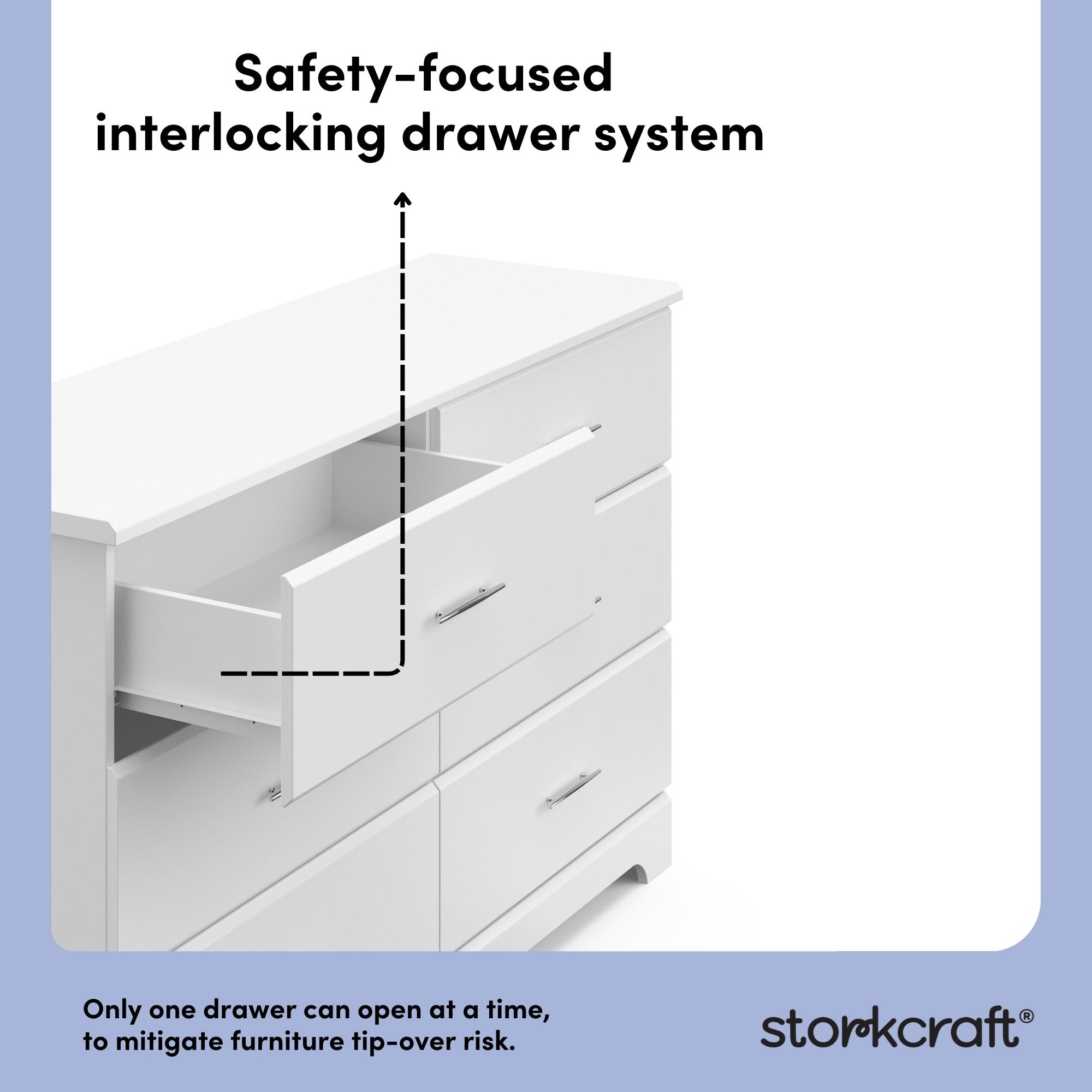 storkcraft brookside white 6 drawer interlocking drawer callout