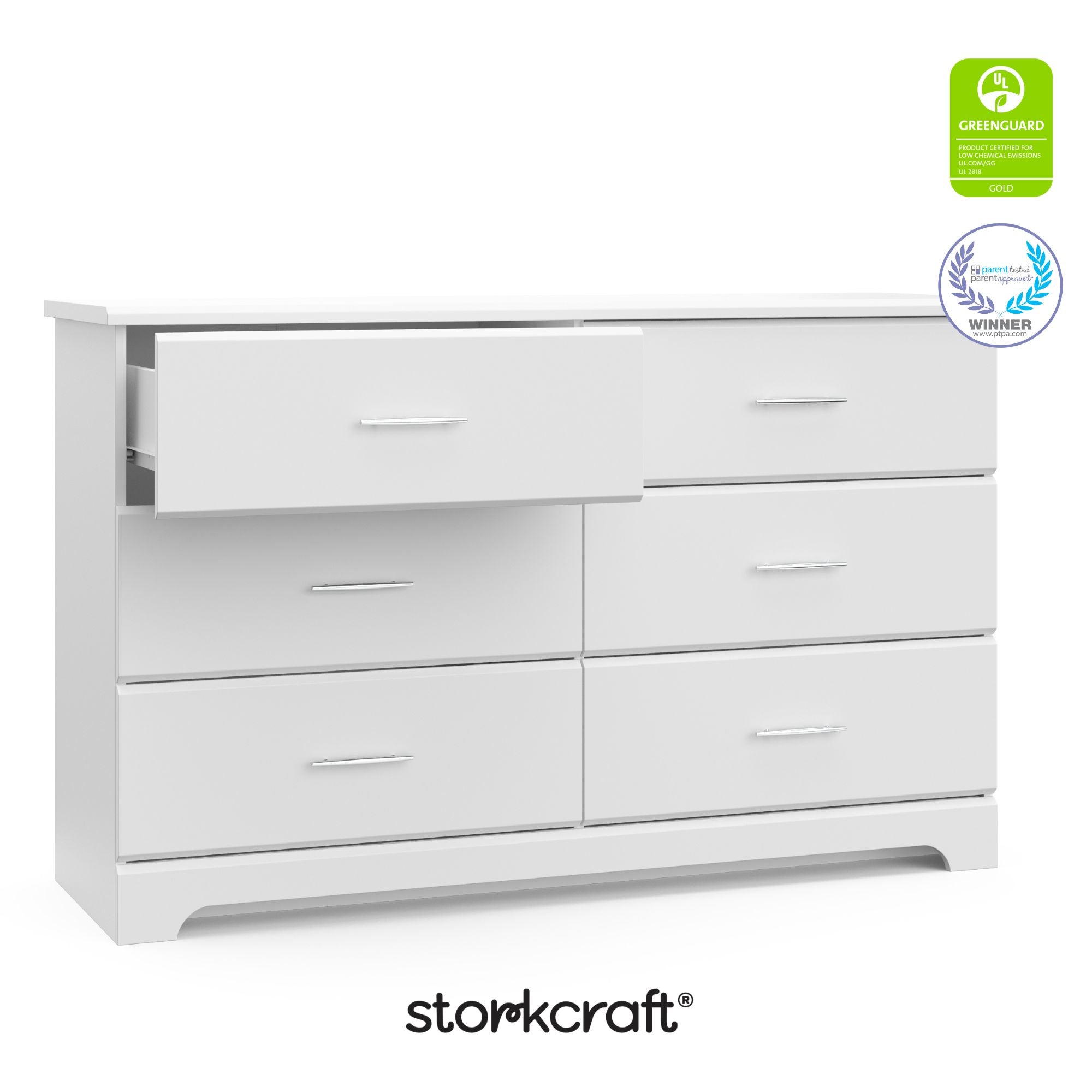 storkcraft brookside white 6 drawer with certifications callout
