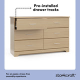 storkcraft brookside driftwood 6 drawer pre-installed drawer tracks callout