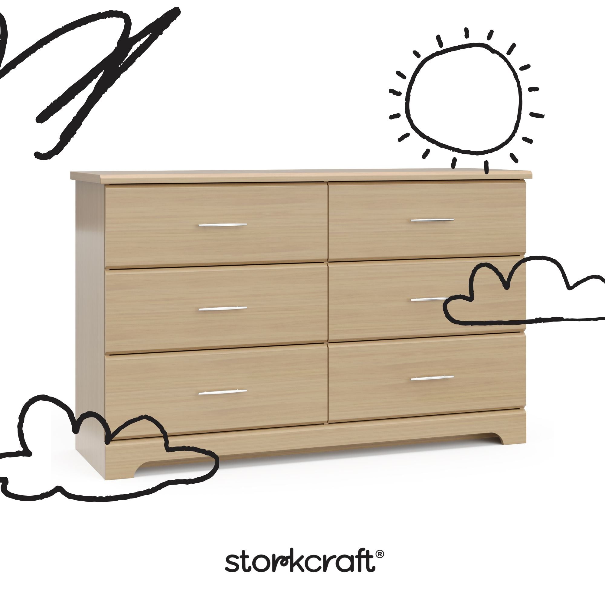 storkcraft brookside driftwood 6 drawer with black cartoon drawings