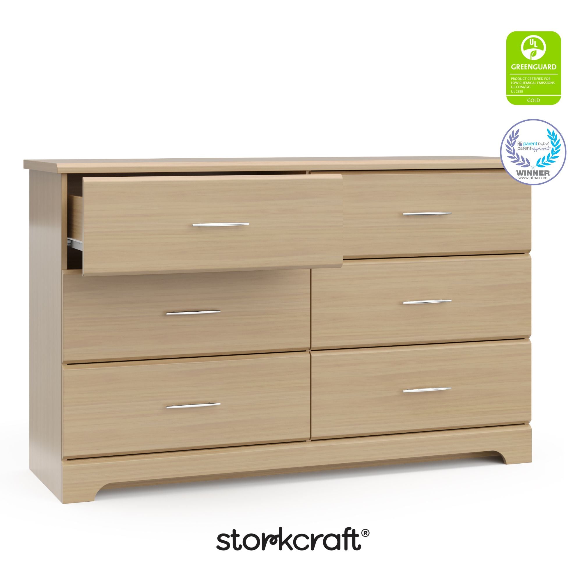 storkcraft brookside driftwood 6 drawer with certifications callout