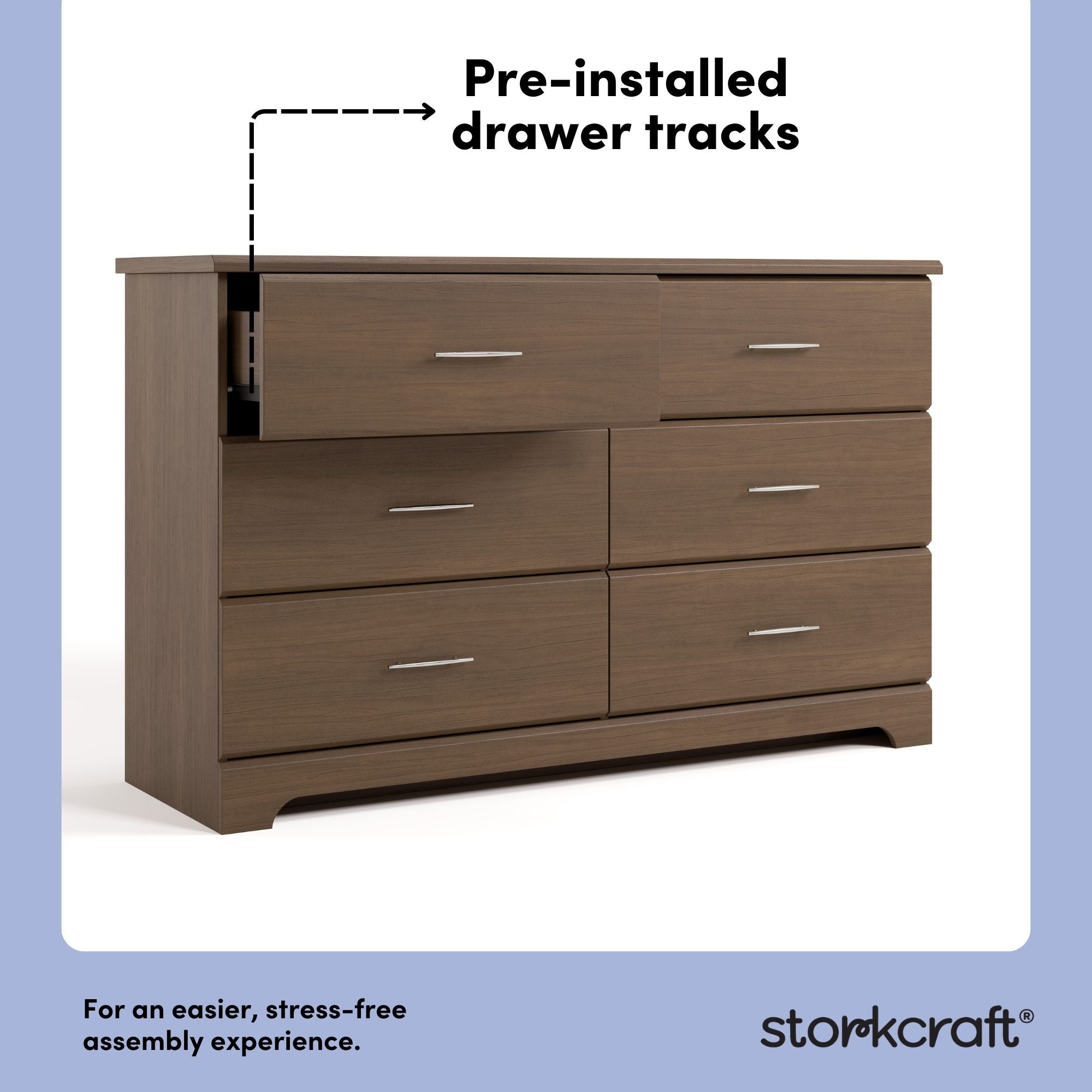 storkcraft brookside hazelnut 6 drawer pre-installed drawer tracks callout