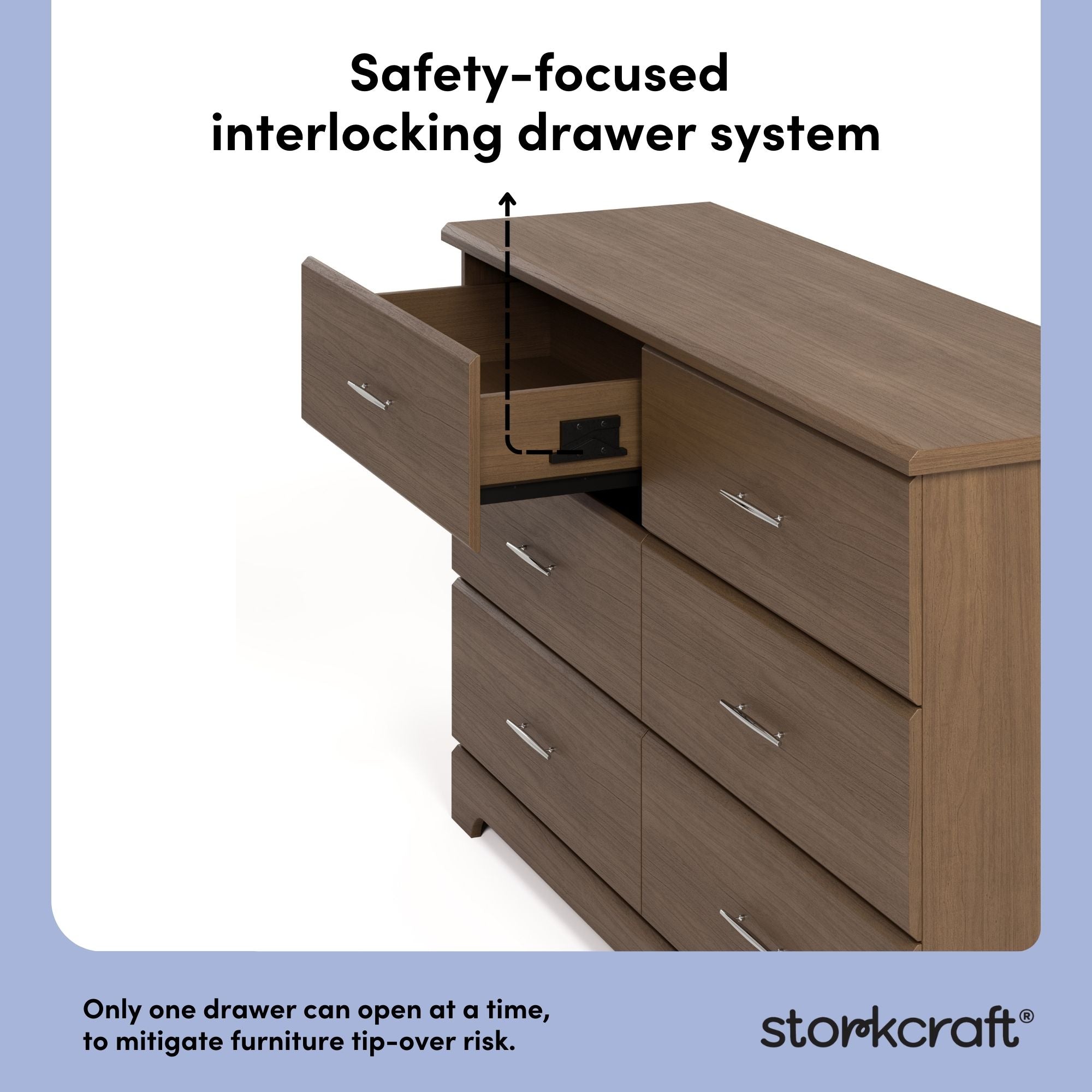 storkcraft brookside hazelnut 6 drawer interlocking drawer callout
